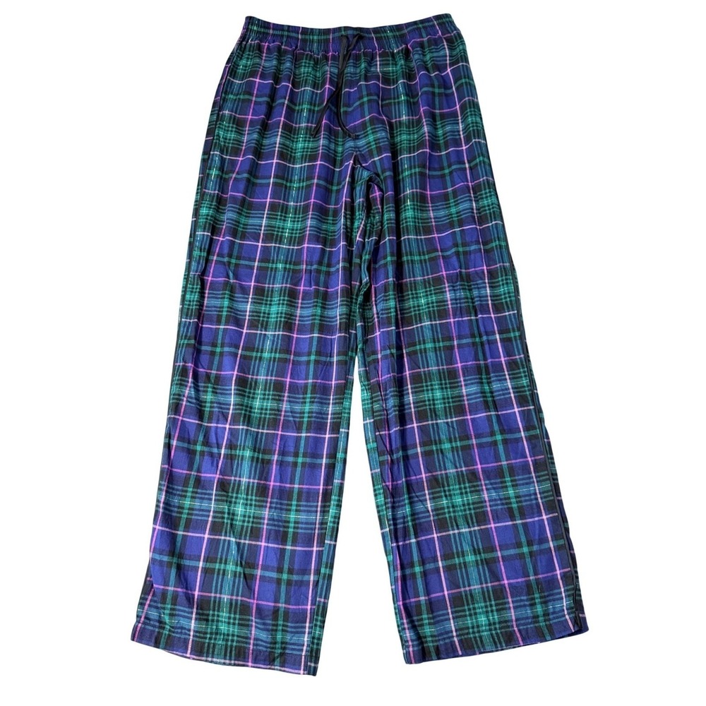 Victorias Secret Pajama Pants Womens M/L Blue Green Plaid Lurex Flannel Wide Leg